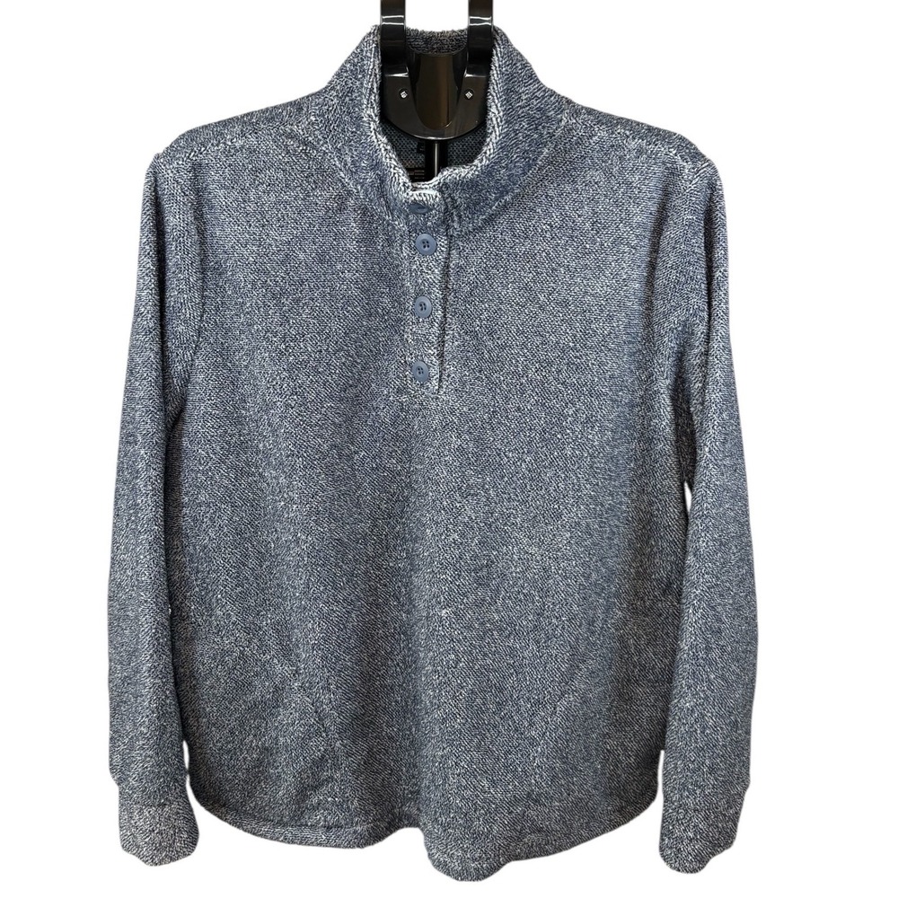 Eddie Bauer Womens XL Blue Marled Fleece Quarter Button Pullover Mock‎ Neck
